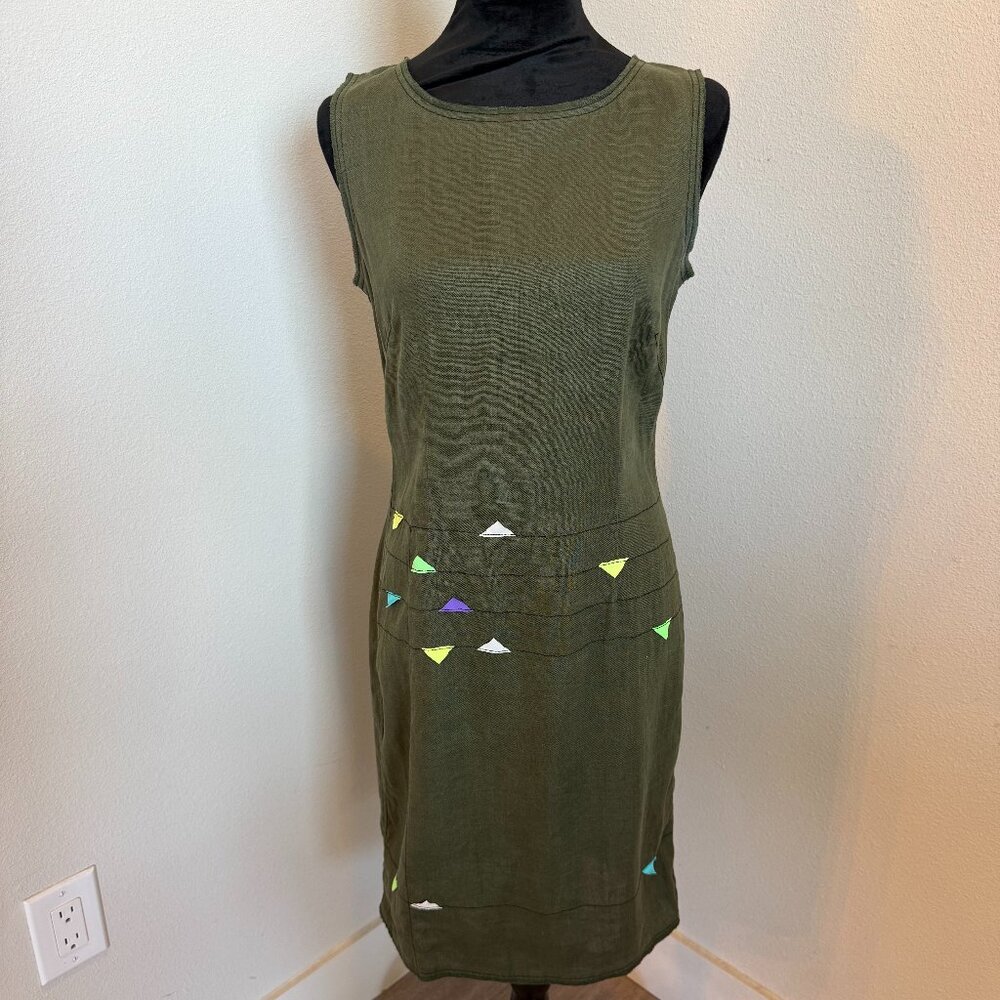 Kenzo Jeans Minimalist Linen Dress Olive Green Sleeveless Sheath Size 38